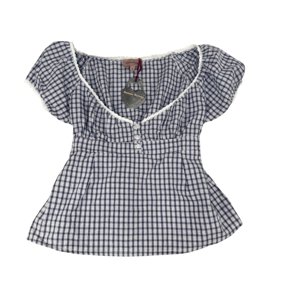 Romeo Romeo Blue Gingham Babydoll Top Lace Trim Smocked Back NWT Size M